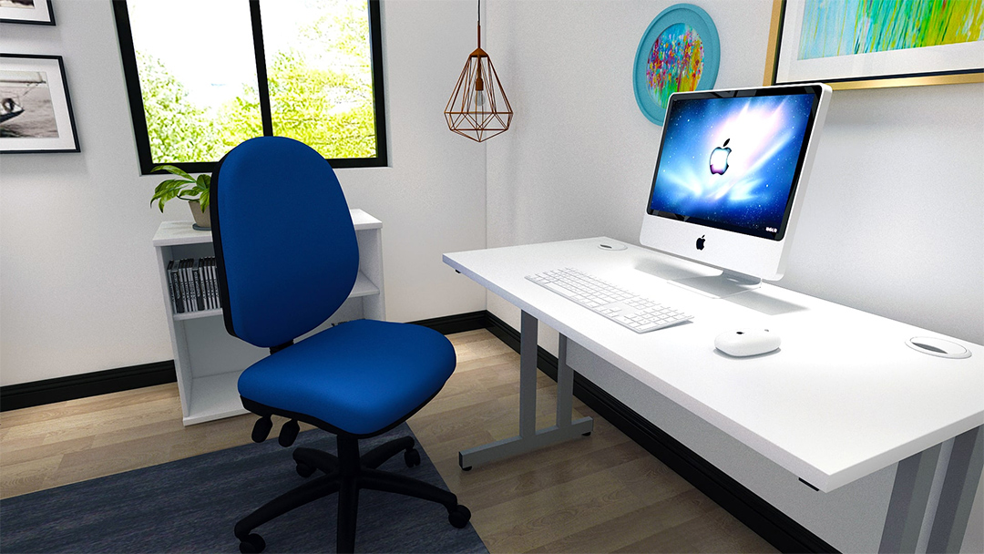 Home office with a computer screen, white keyboard and mouse on a white office desk with a grommet hole for cable management, with a swivelling blue task operator chair without arms