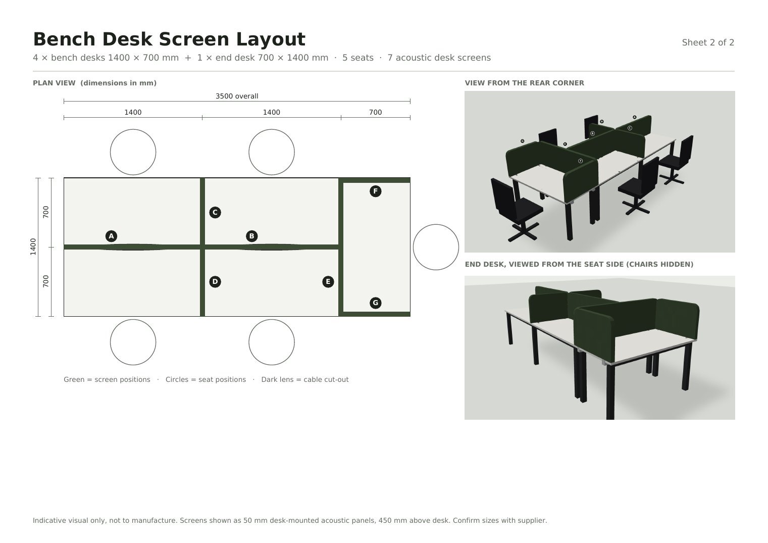 Plan view of a seven-screen Hush 50 bench desk layout with dimensions