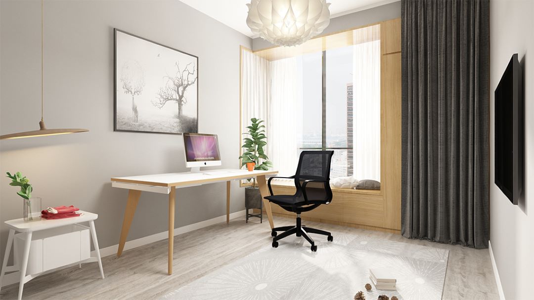 Home office with a computer screen on a white, single frame wooden leg bench desk, with a black swivelling office chair with mesh back and arms support, with natural light from a wide window and grey curtains pulled to the side