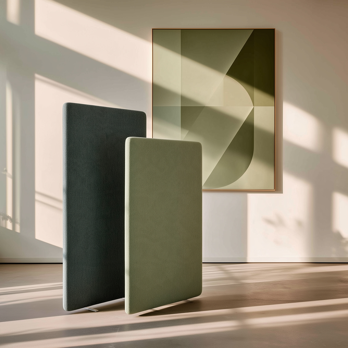 Two Panelscreens freestanding acoustic screens in dark and sage green Melton fabric, in a sunlit room
